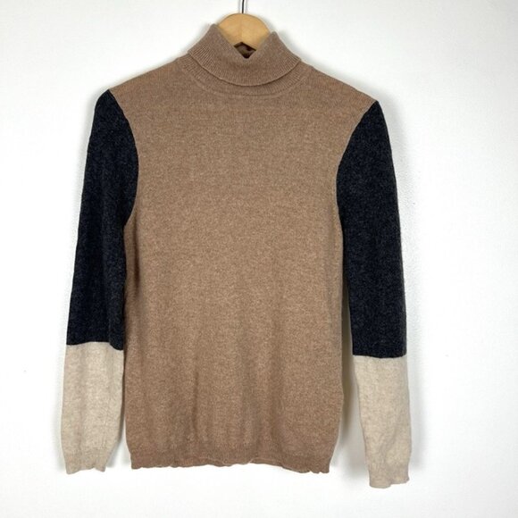 Morgan Taylor Cashmere Turtleneck Colorblock Sweater Womens L Neutral Old Money - Picture 1 of 6